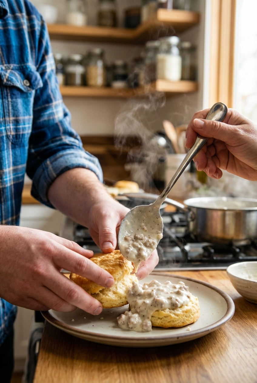 A real photograph of hands splitting a warm biscuit while sausage gravy is being spooned over it on a plate