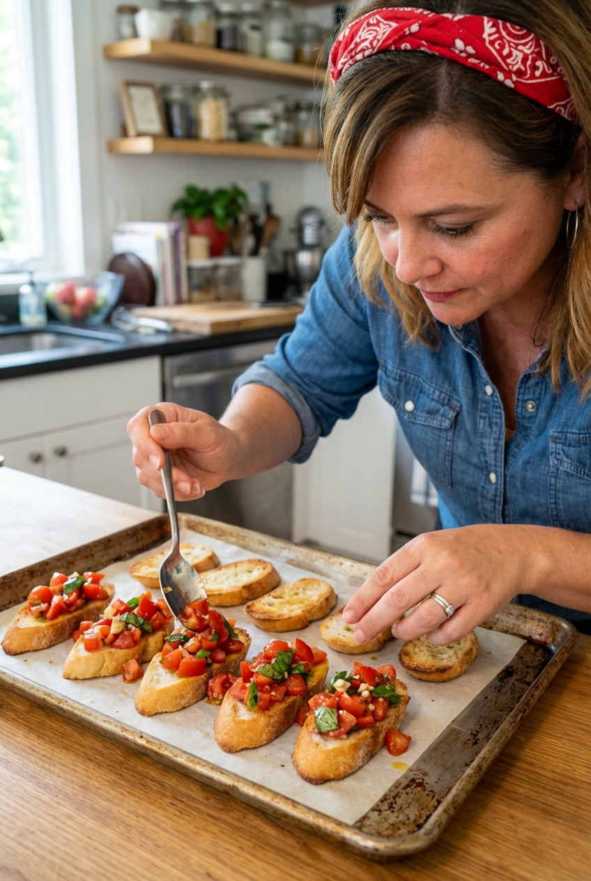 A real photograph of hands spooning tomato basil topping onto toasted baguette slices on a baking sheet