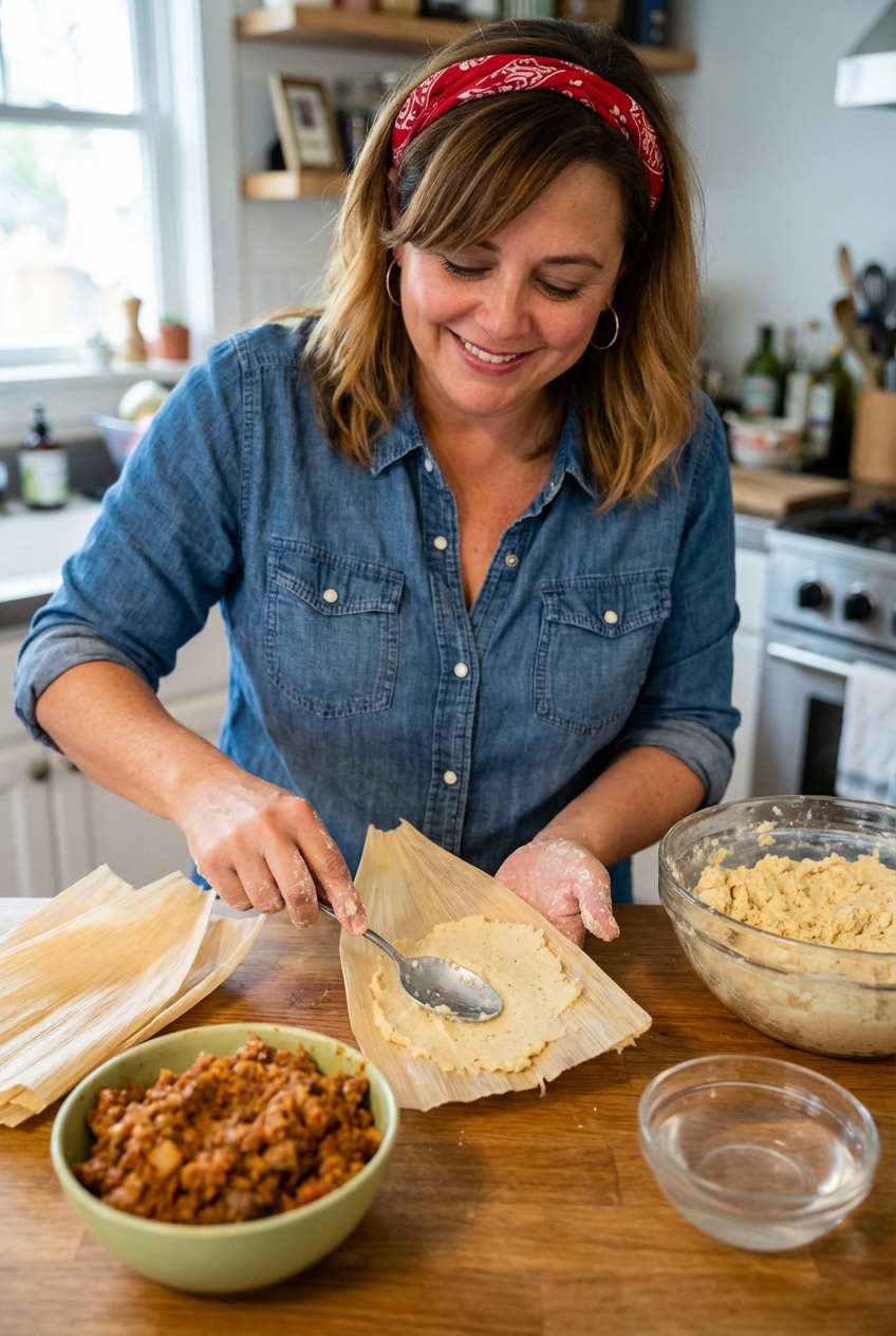 A real photograph of hands spreading masa onto a softened corn husk on a kitchen counter with a bowl of filling nearby