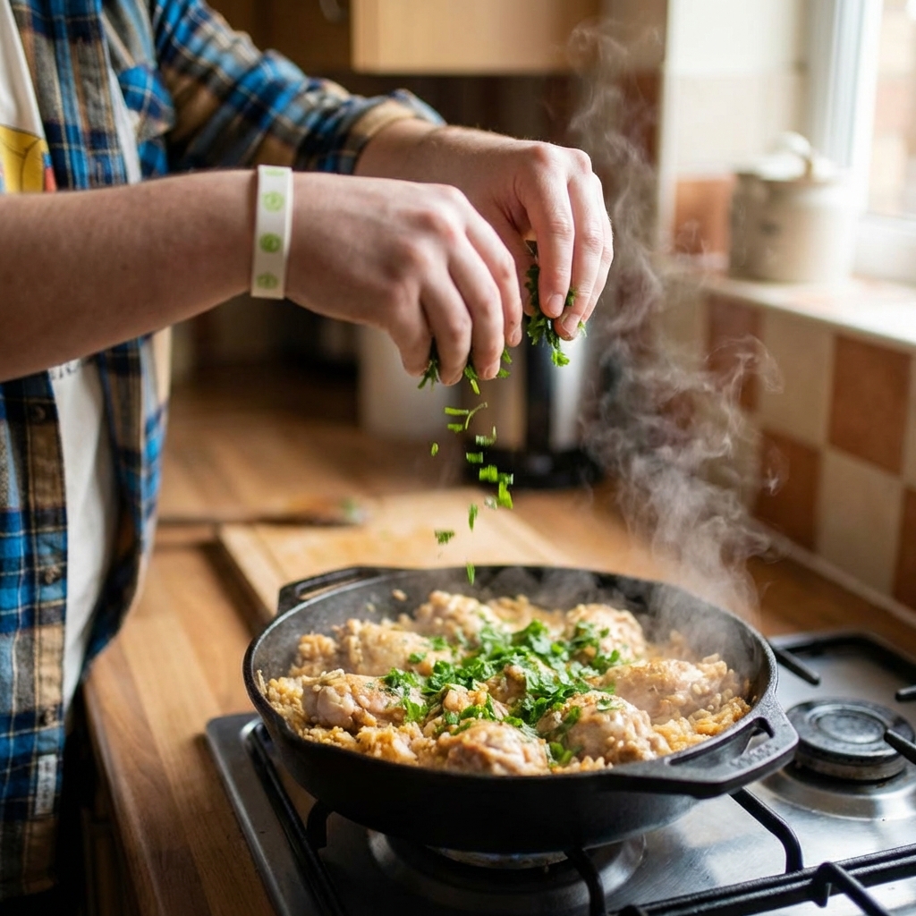 A real photograph of hands sprinkling chopped fresh herbs over a skillet of chicken and rice while steam rises