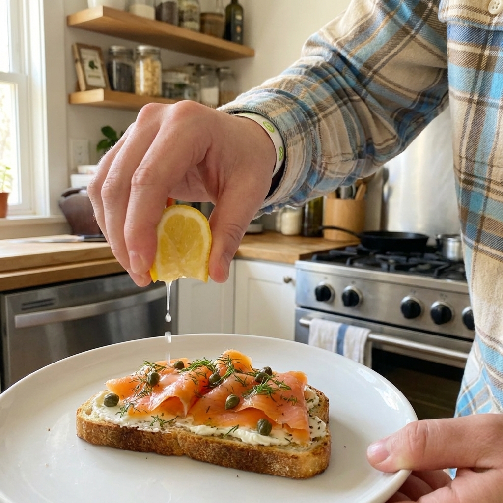 A real photograph of hands squeezing a lemon wedge over smoked salmon toast on a plate in a bright home kitchen