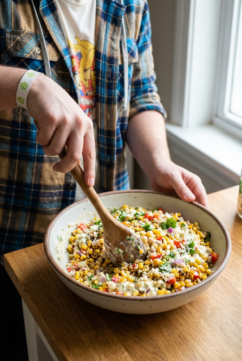A real photograph of hands stirring creamy roasted corn salad in a large mixing bowl with a spoon