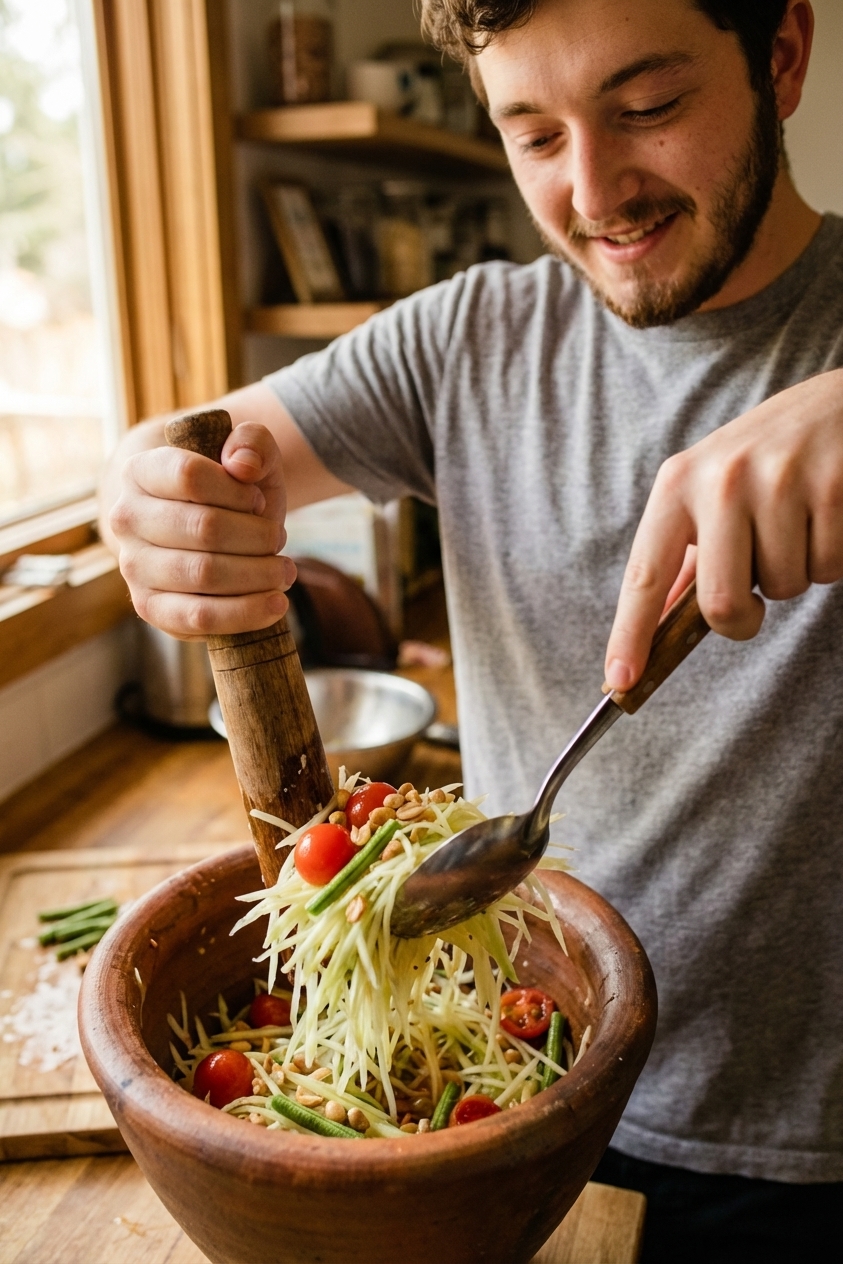 A real photograph of hands tossing shredded green papaya salad in a large mortar with a spoon and pestle, with visible tomatoes, green beans, and peanuts