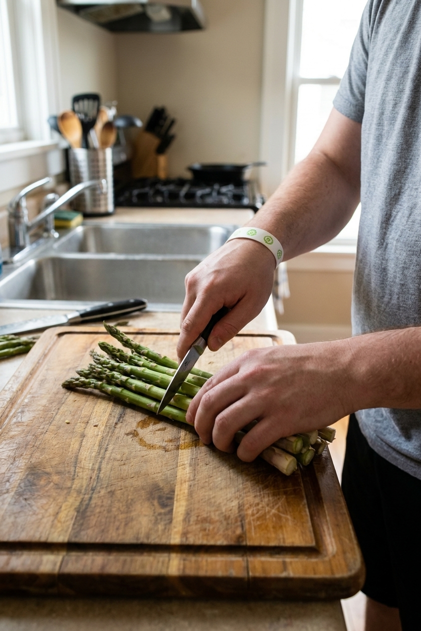 A real photograph of hands trimming the woody ends off a bunch of asparagus on a wooden cutting board in a home kitchen