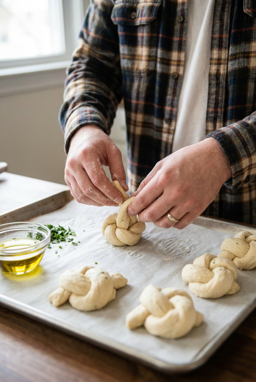 A real photograph of hands tying strips of pizza dough into knots on a parchment-lined baking sheet