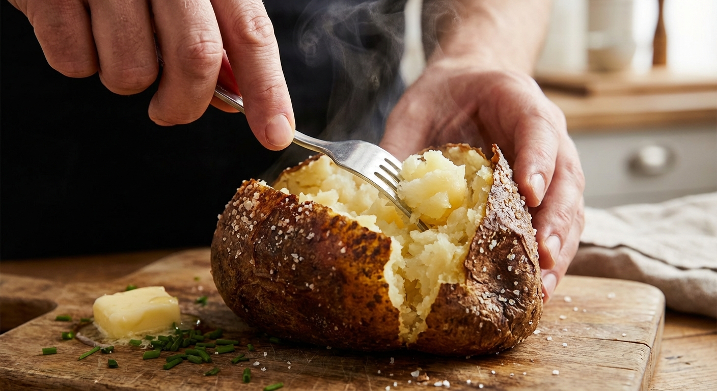 A real photograph of hands using a fork to fluff the steaming interior of a freshly baked russet potato with crisp salted skin