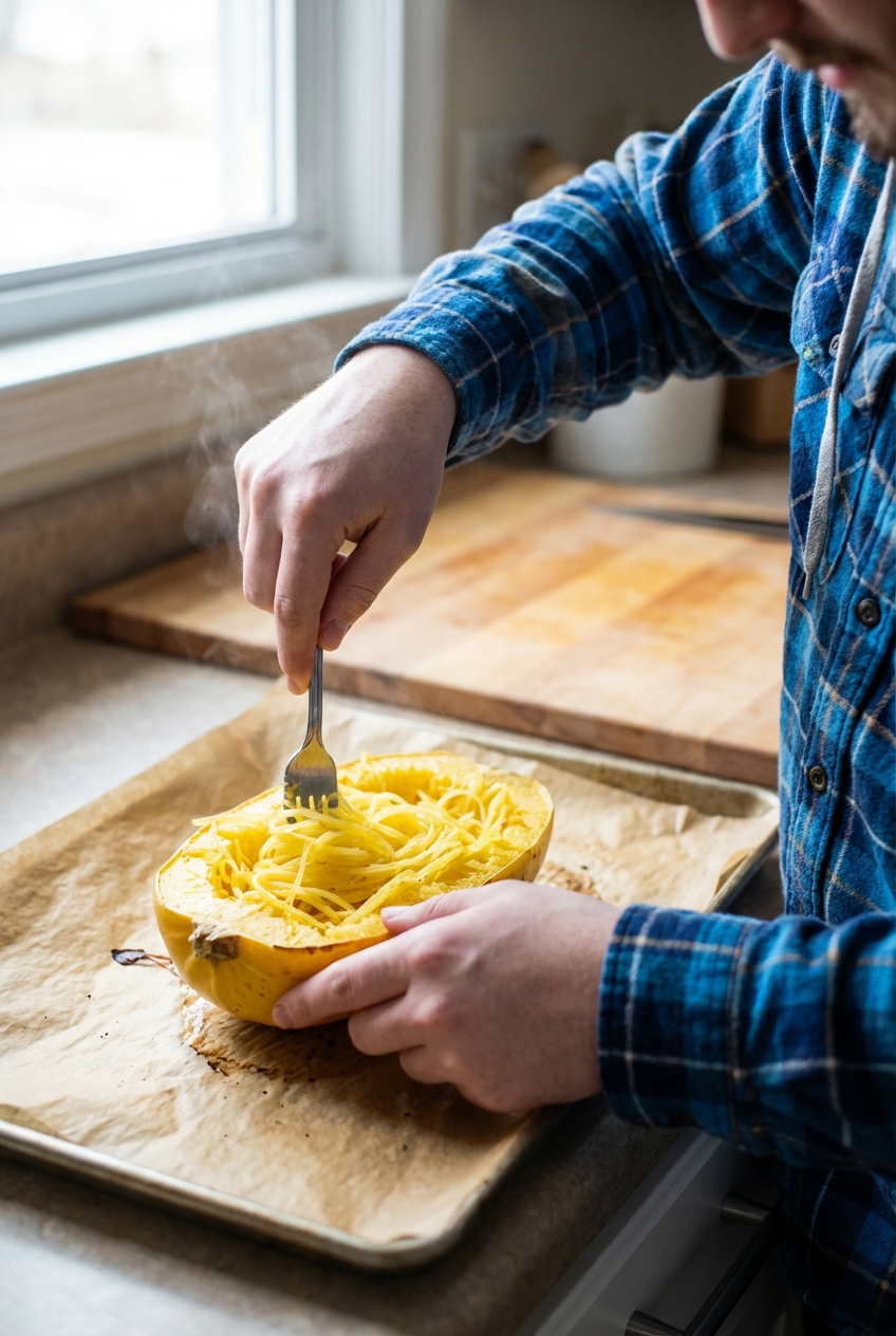 A real photograph of hands using a fork to scrape roasted spaghetti squash into long strands on a parchment-lined baking sheet