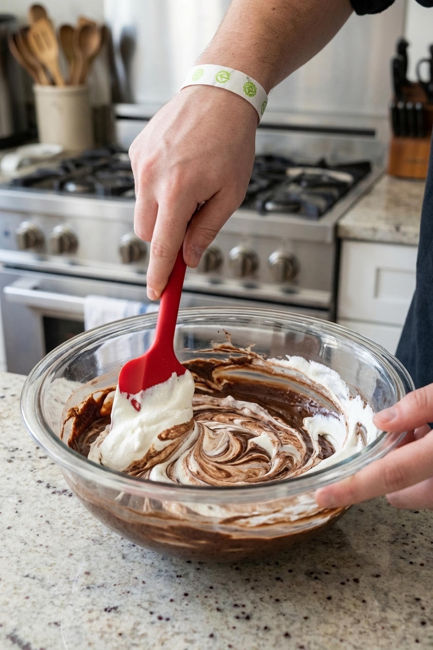 A real photograph of hands using a rubber spatula to fold whipped cream into melted chocolate in a glass mixing bowl, with soft streaks of chocolate visible mid-fold on a kitchen counter