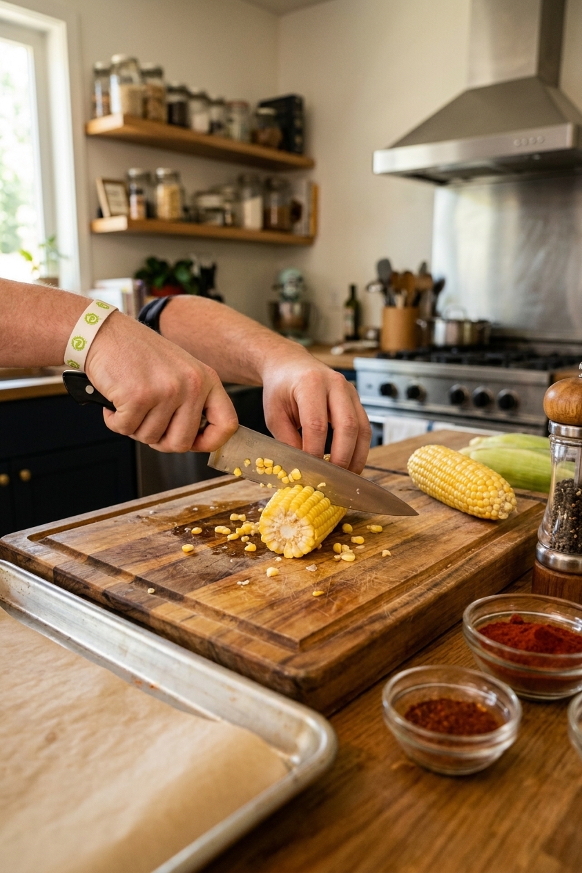 A real photograph of hands using a sharp chef's knife to quarter a fresh corn cob on a wooden cutting board, with a baking sheet and spices nearby