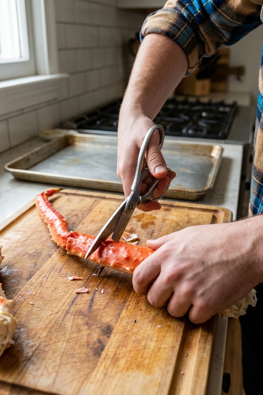 A real photograph of hands using kitchen shears to cut down the shell of a crab leg on a cutting board, with a sheet pan in the background