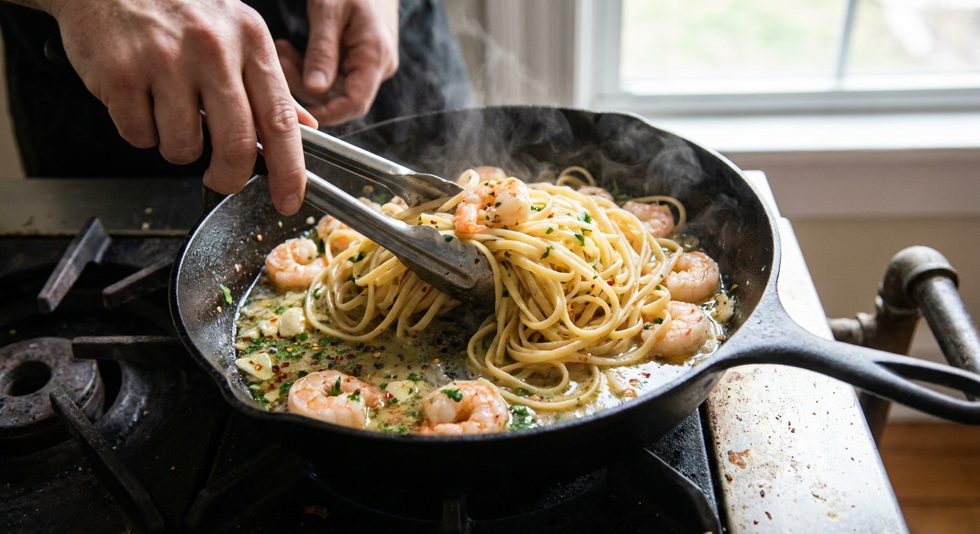 A real photograph of hands using tongs to toss linguine and shrimp in a skillet with a glossy lemon garlic butter sauce