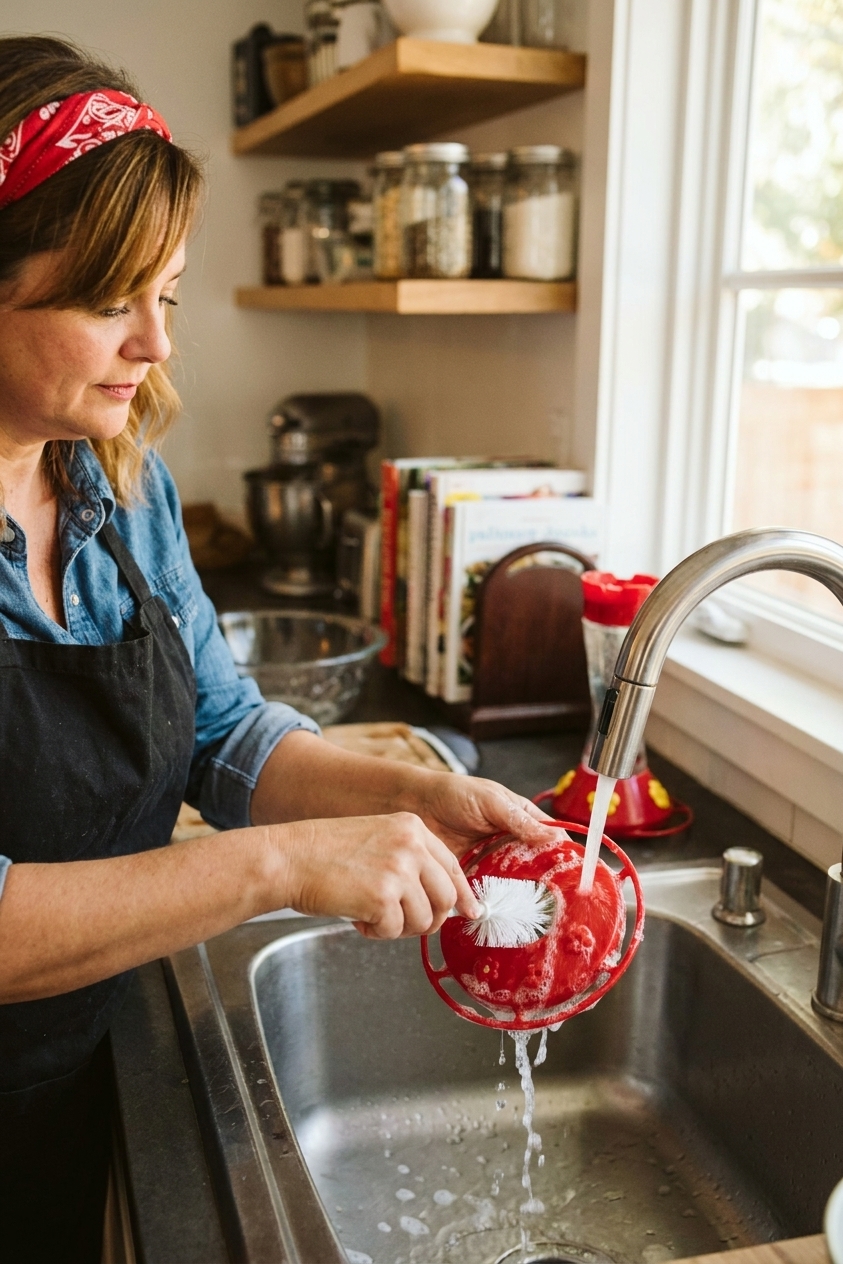 A real photograph of hands washing a hummingbird feeder in a kitchen sink with a small bottle brush and running water