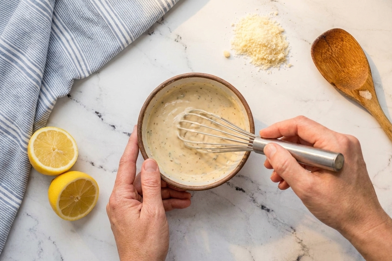 A real photograph of hands whisking creamy Caesar dressing in a small ceramic bowl with lemon halves and grated Parmesan on the counter under warm natural light