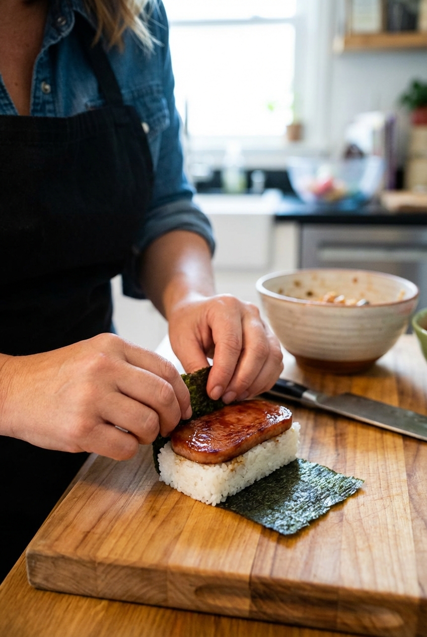A real photograph of hands wrapping a strip of nori around a rice block topped with glazed Spam on a cutting board