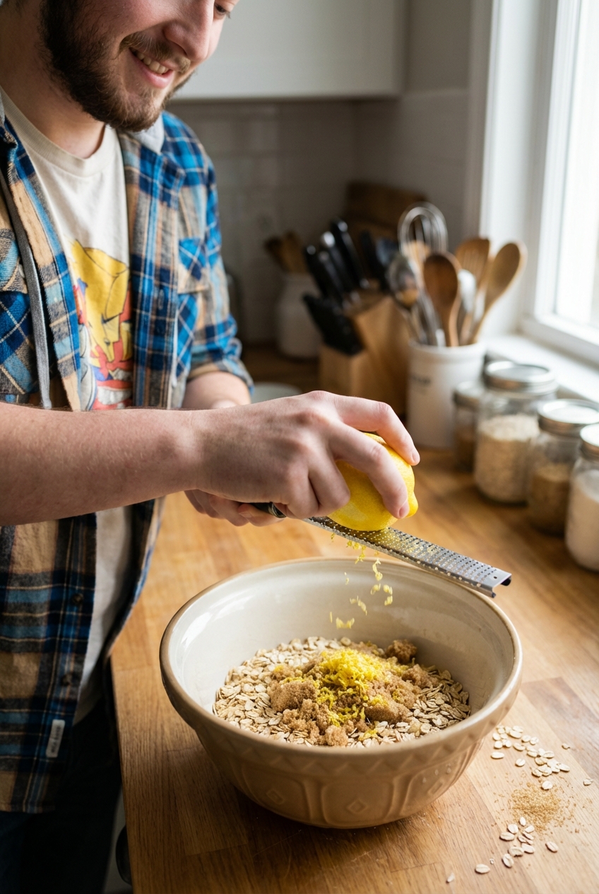 A real photograph of hands zesting a lemon over a mixing bowl with oats and brown sugar on a kitchen counter