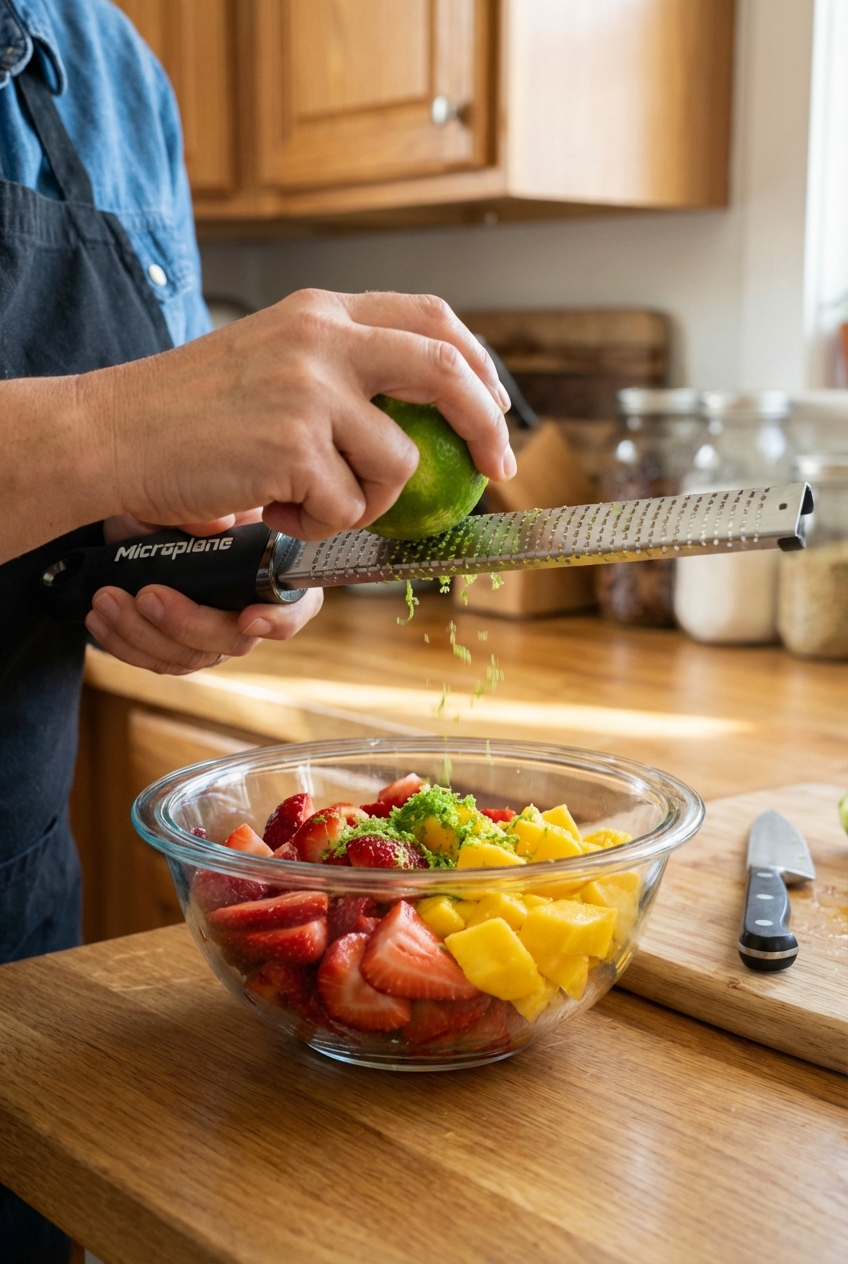 A real photograph of hands zesting a lime over a bowl of sliced strawberries and mango on a kitchen counter