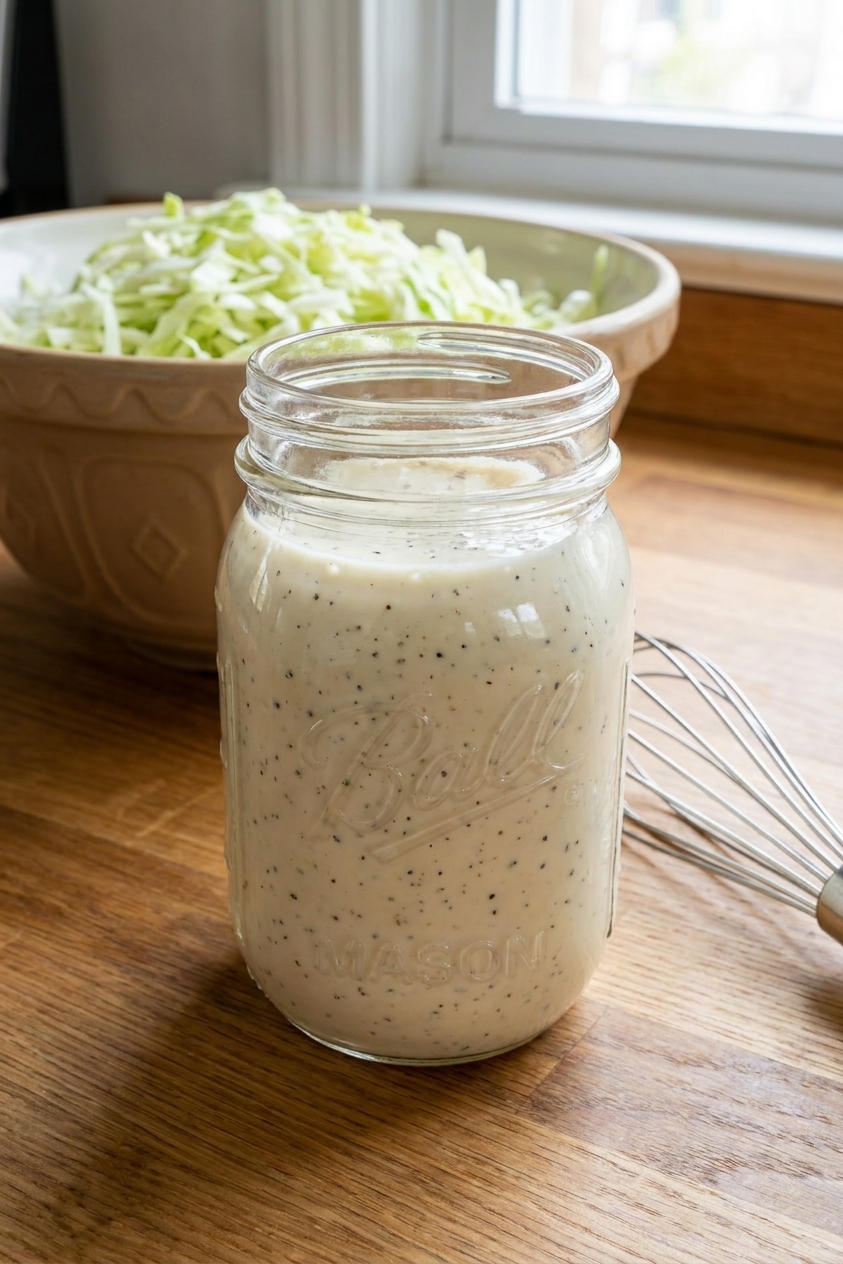 A real photograph of homemade coleslaw dressing in a clear mason jar with a whisk beside it on a bright kitchen counter, with shredded green cabbage in a bowl in the background