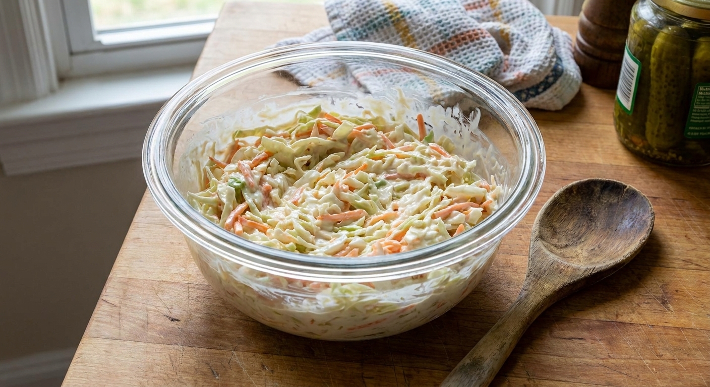 A real photograph of homemade coleslaw in a clear glass bowl on a kitchen counter with a wooden spoon resting beside it