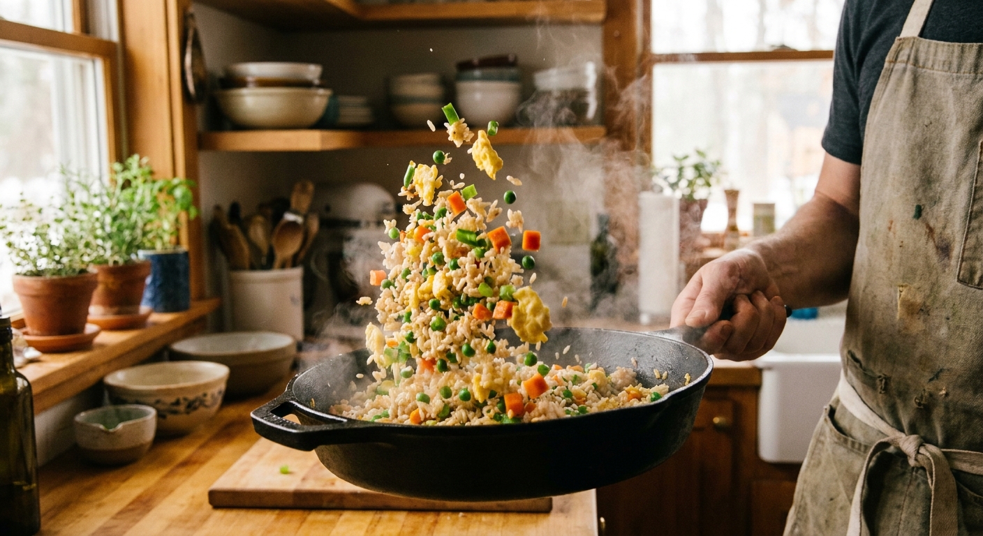 A real photograph of homemade fried rice being tossed in a hot skillet with peas, carrots, scrambled egg, and green onions, steam rising in a cozy kitchen