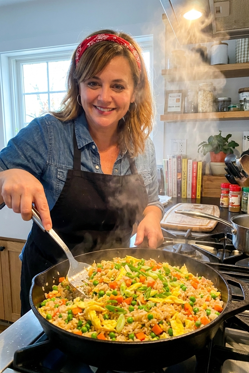 A real photograph of homemade fried rice in a large skillet with fluffy rice, scrambled egg ribbons, peas and carrots, and sliced green onions, steam rising in warm kitchen lighting