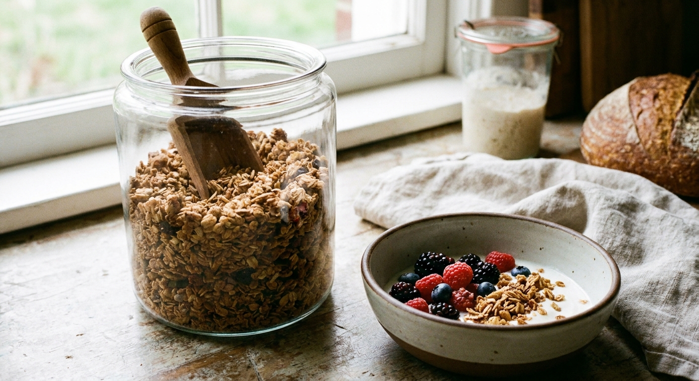 A real photograph of homemade sourdough discard granola stored in a clear glass jar on a kitchen counter with a scoop and a bowl of yogurt nearby