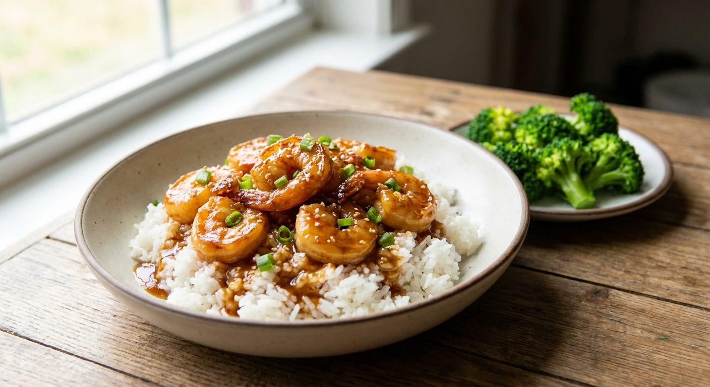 A real photograph of honey garlic shrimp served over white rice in a shallow bowl, with extra glaze drizzled on top and a side of steamed broccoli, natural window light