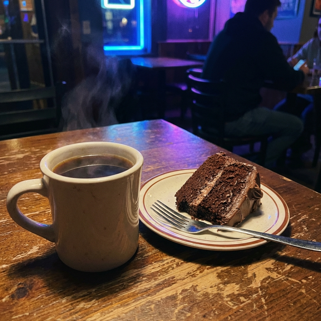 A real photograph of hot coffee in a mug beside a dessert plate