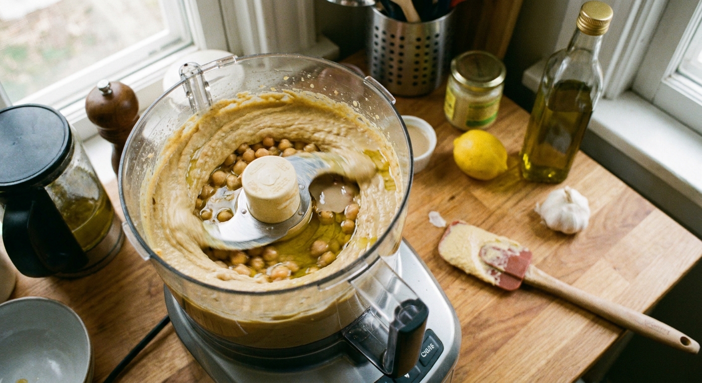 A real photograph of hummus blending in a food processor with a spatula nearby on a home kitchen counter