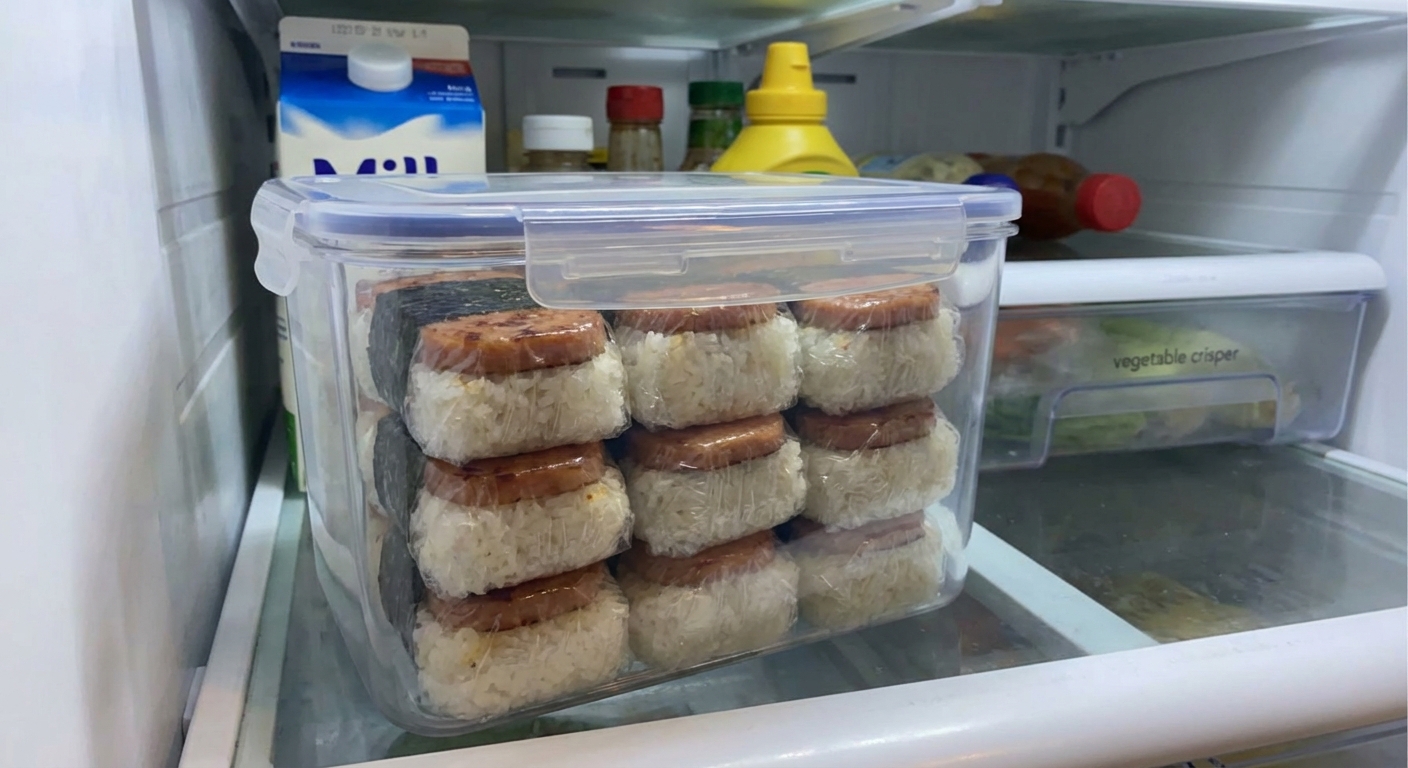 A real photograph of individually wrapped Spam musubi stacked in a clear airtight container in a refrigerator