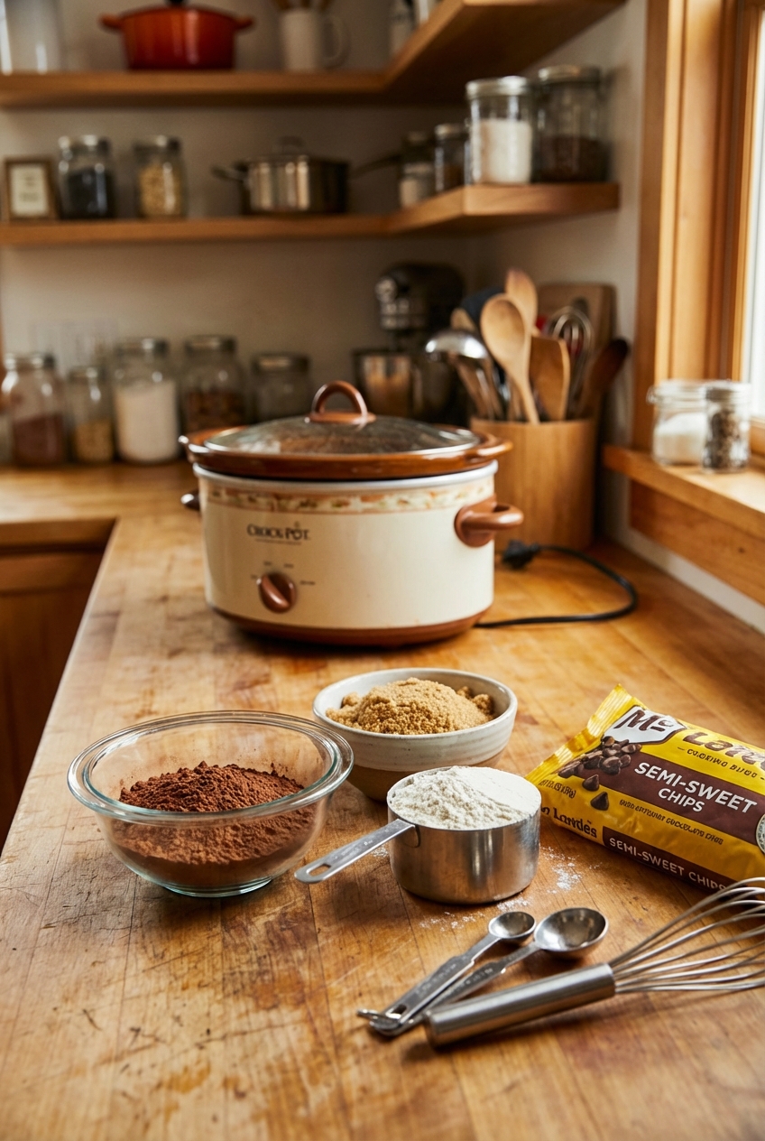 A real photograph of ingredients for chocolate lava cake on a kitchen counter, including cocoa powder, flour, brown sugar, chocolate chips, and a slow cooker in the background
