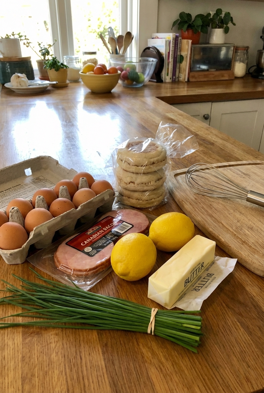 A real photograph of ingredients for eggs Benedict on a kitchen counter including eggs, English muffins, Canadian bacon, lemons, butter, and chives