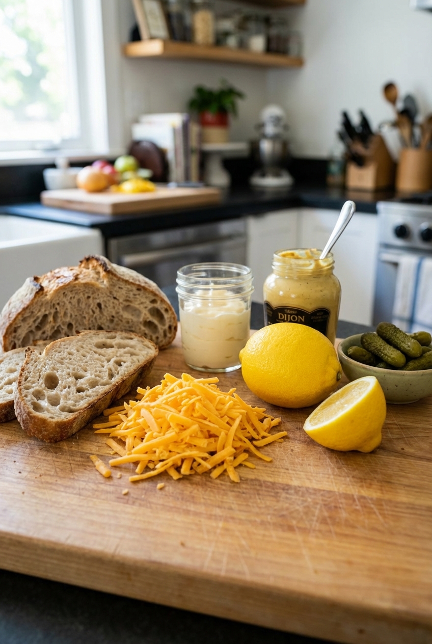 A real photograph of ingredients for grilled cheese on a wooden cutting board including sourdough, shredded cheese, mayonnaise, Dijon mustard, lemon, and pickles
