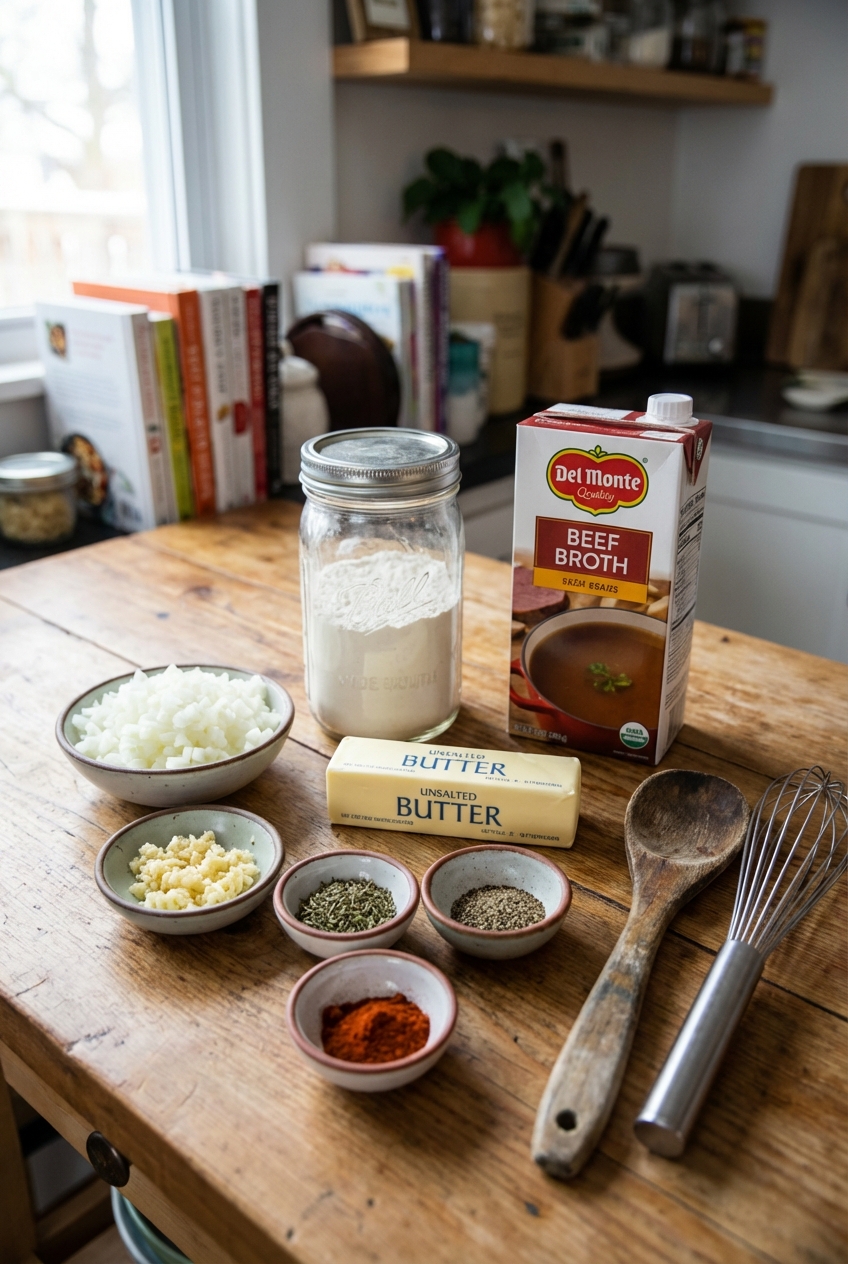 A real photograph of ingredients for poutine gravy on a counter: diced onion, minced garlic, butter, flour, beef broth, and small bowls of spices