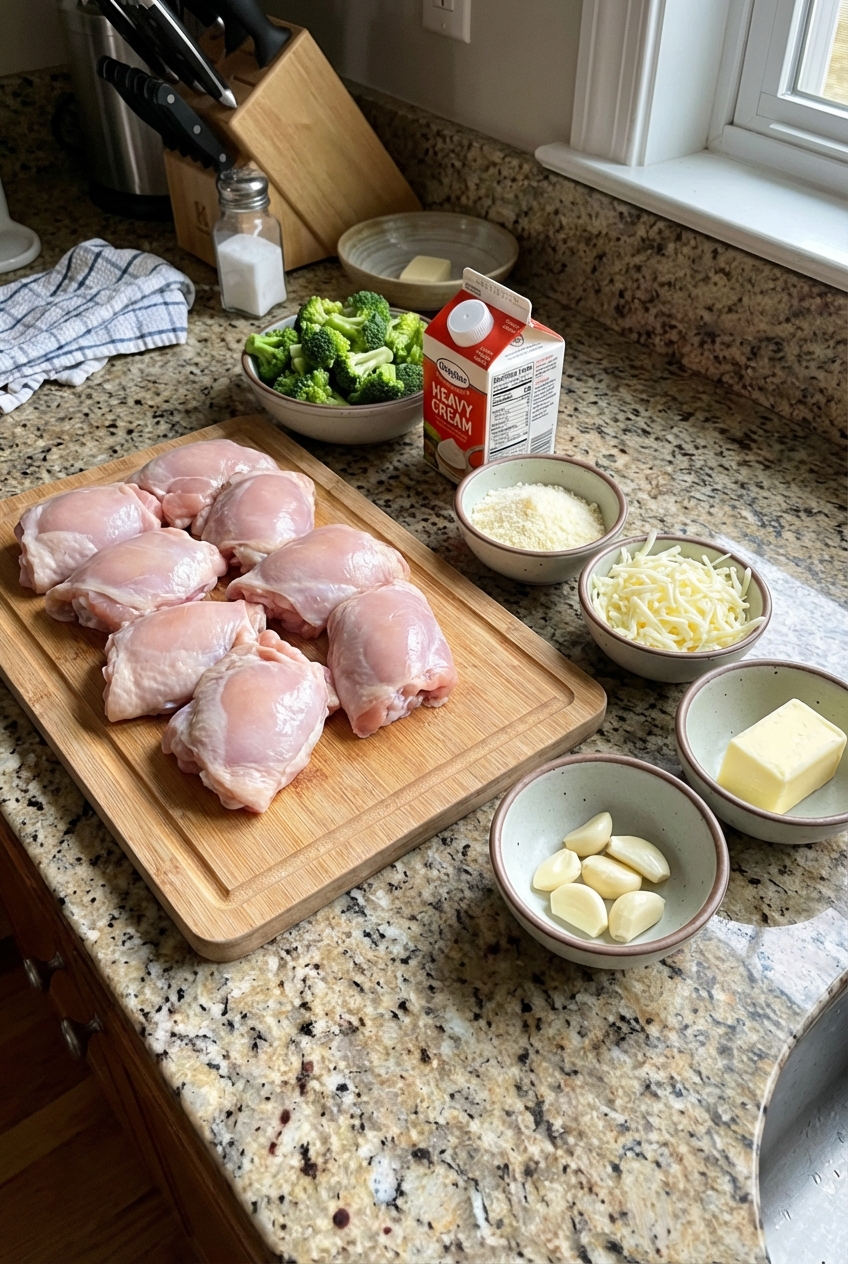 A real photograph of ingredients on a kitchen counter including raw chicken thighs, broccoli florets, heavy cream, parmesan, mozzarella, garlic, and butter in small bowls with a cutting board nearby