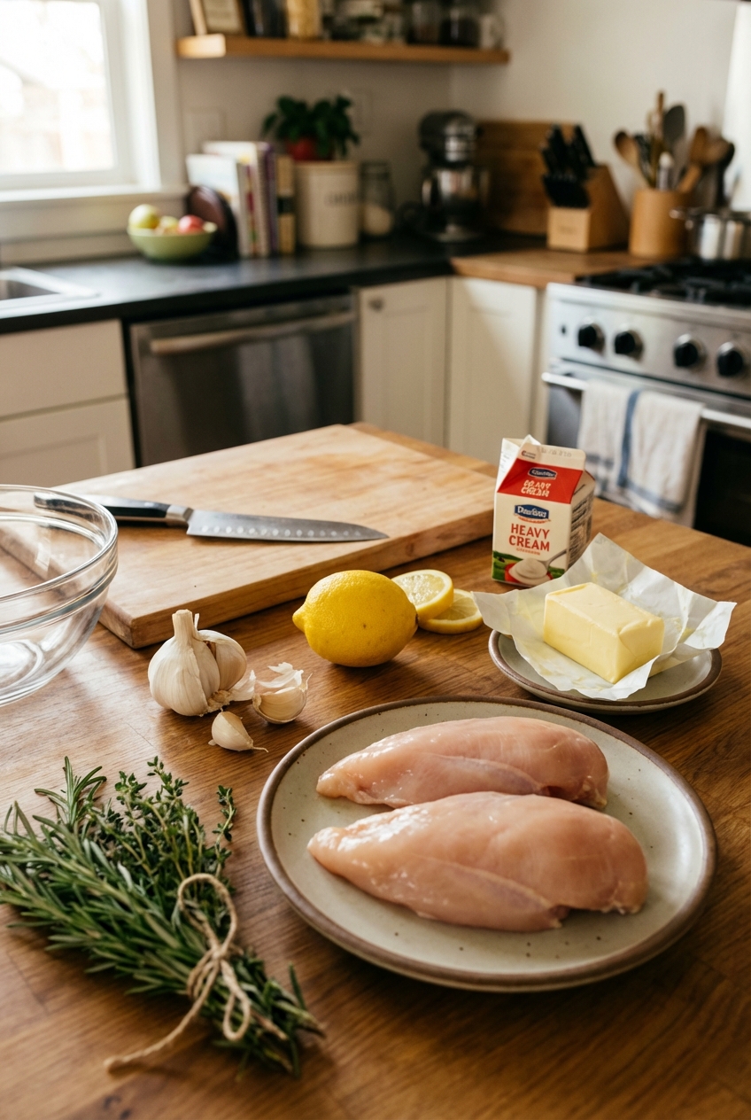 A real photograph of ingredients on a kitchen counter including chicken breasts, garlic, lemon, butter, cream, and herbs
