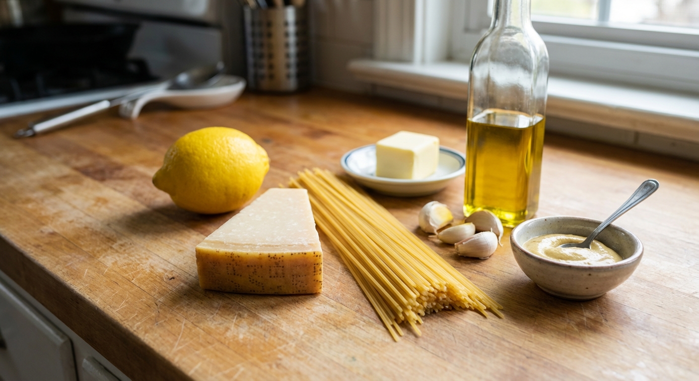 A real photograph of ingredients on a kitchen counter including a lemon, parmesan wedge, spaghetti, butter, olive oil, garlic, and a small bowl of Dijon mustard