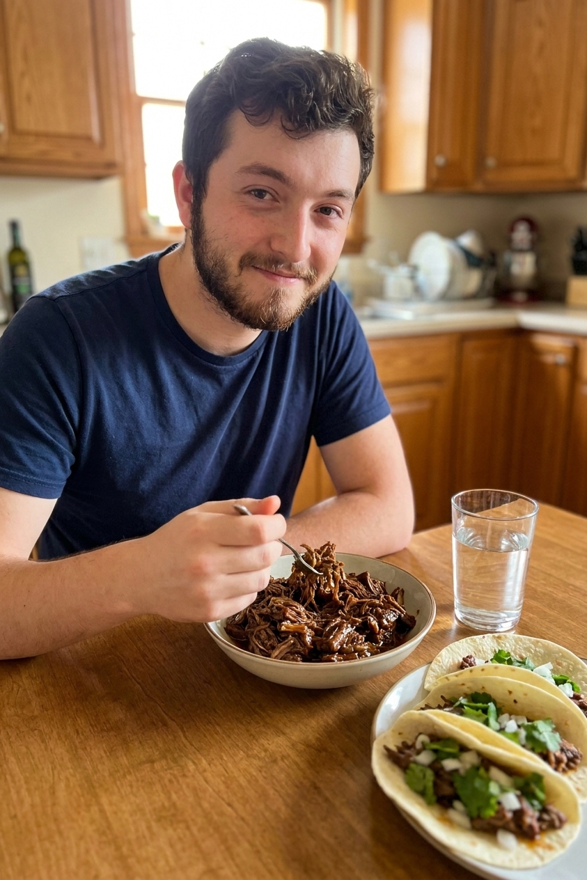 A real photograph of juicy Chipotle-style barbacoa beef piled in a bowl with visible shredded strands, glossy sauce, and a few tacos on the side on a warm kitchen table