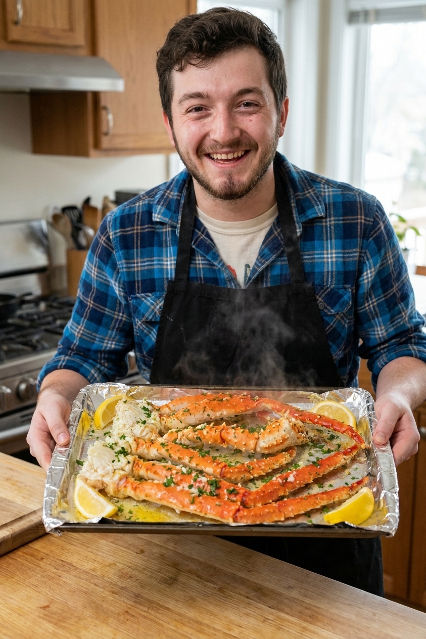 A real photograph of king crab legs on a foil-lined sheet pan fresh from the oven, brushed with glossy garlic butter, with lemon wedges and chopped parsley nearby