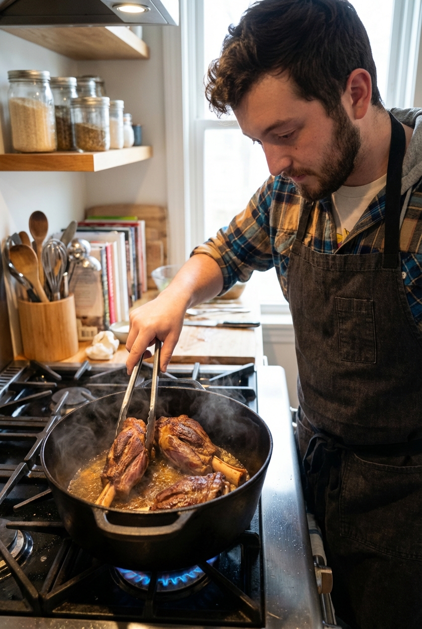 A real photograph of lamb shanks being seared until deeply browned in a Dutch oven on a stovetop