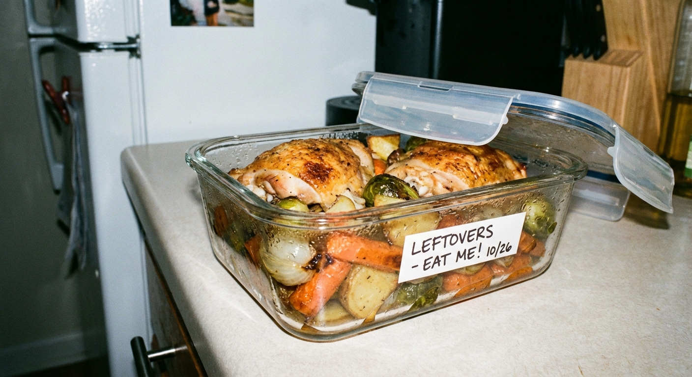 A real photograph of leftover baked chicken thighs in a glass meal prep container with roasted vegetables, ready to be stored in the refrigerator