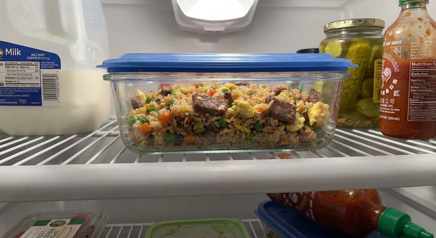 A real photograph of leftover beef fried rice in a clear airtight container on a refrigerator shelf