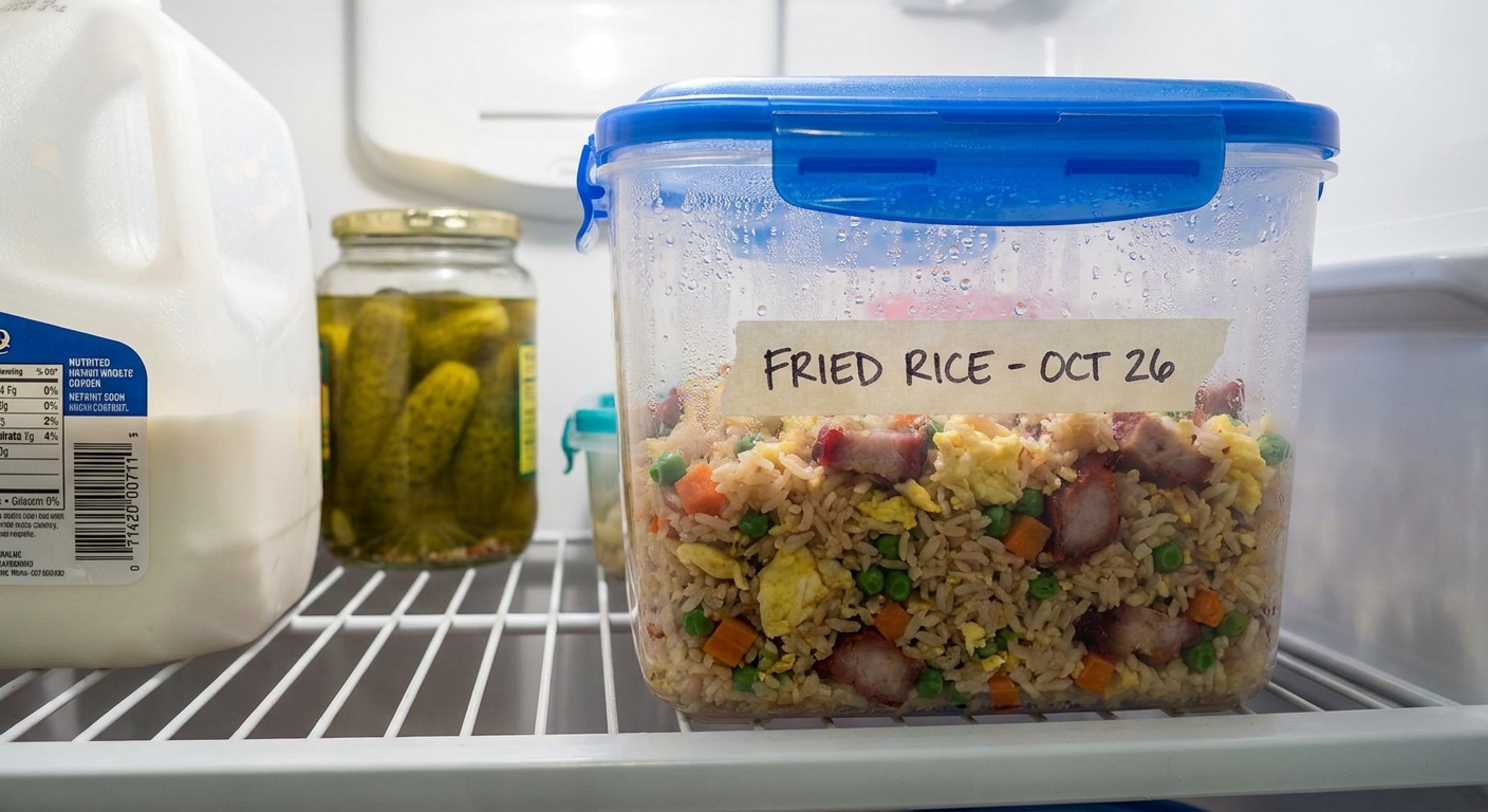A real photograph of leftover fried rice in a clear airtight container on a refrigerator shelf