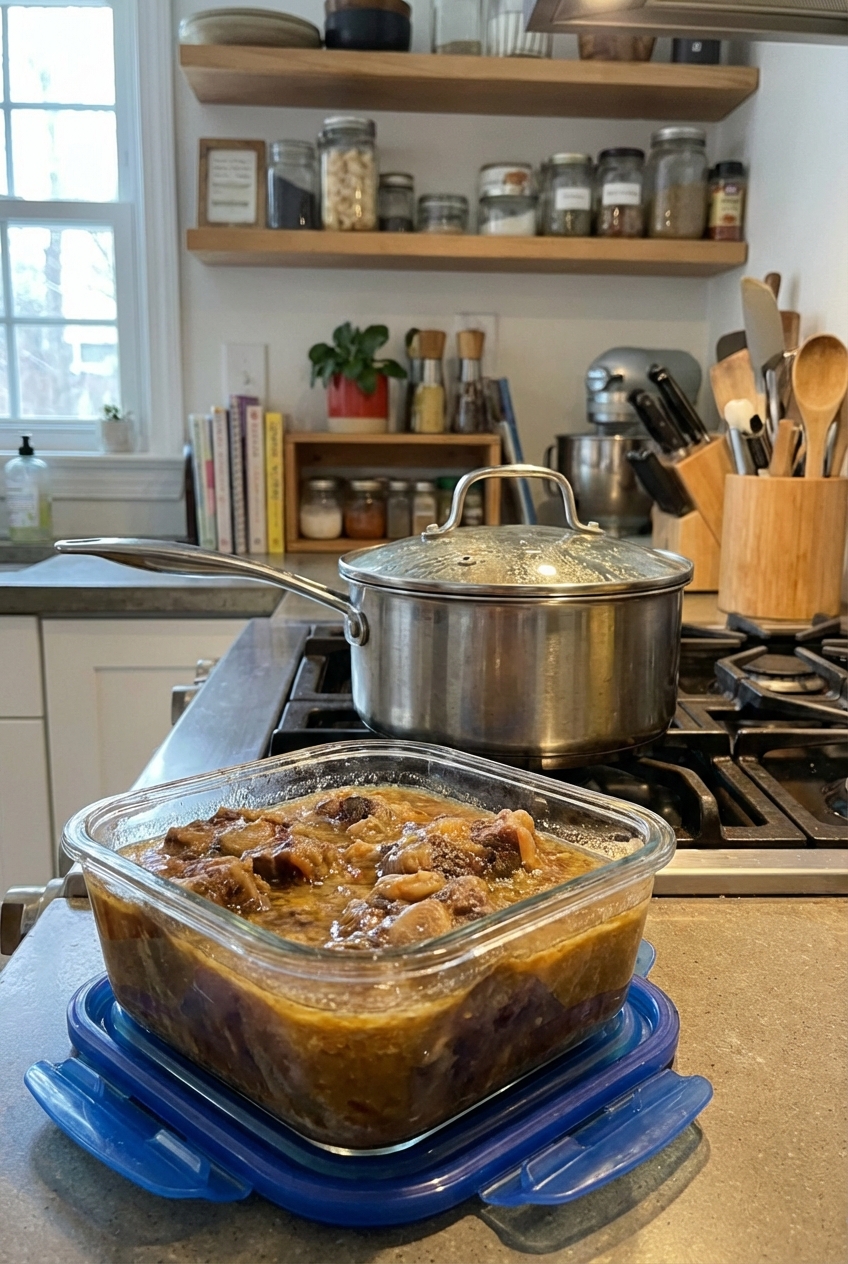 A real photograph of leftover oxtail stew in a glass storage container with a lid beside a small pot on a stove