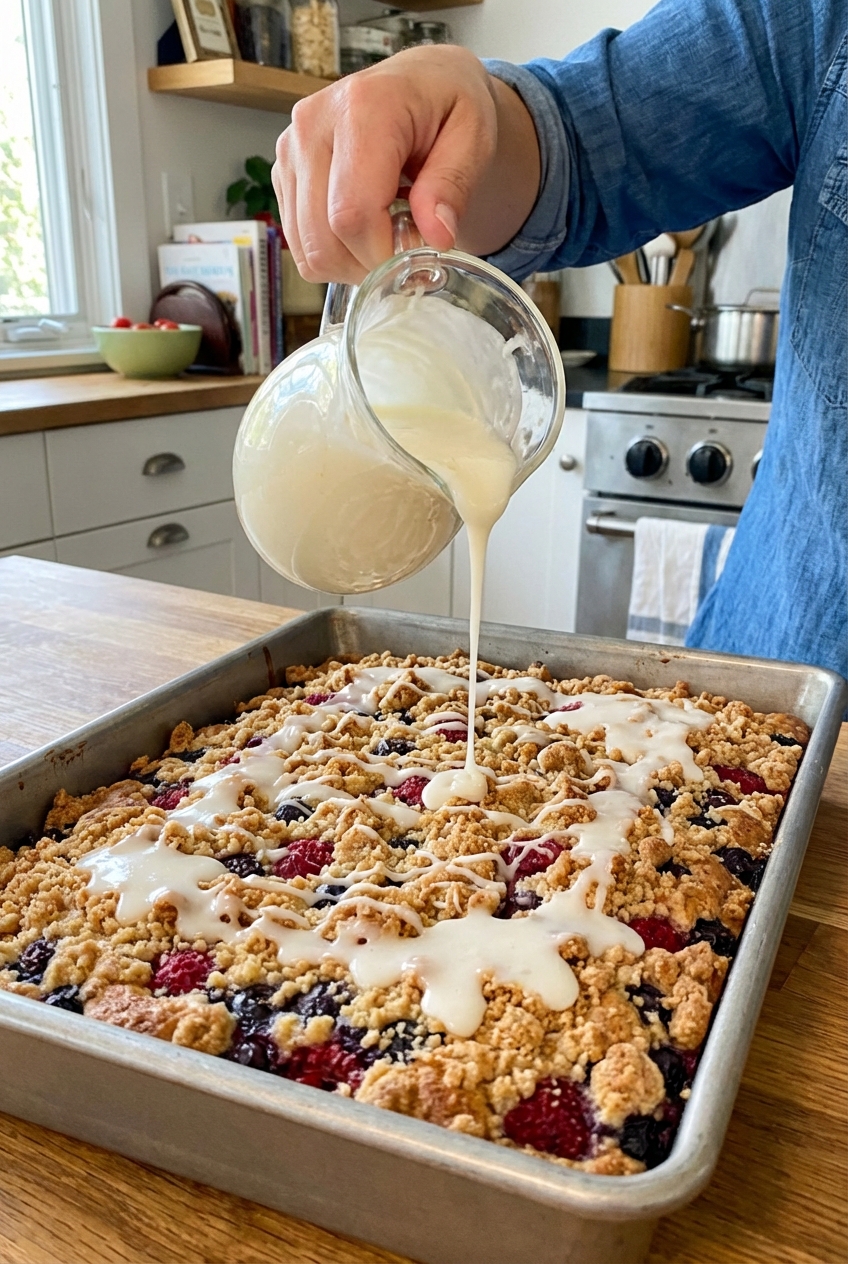 A real photograph of lemon glaze being drizzled over a crumb-topped berry cake in a baking pan