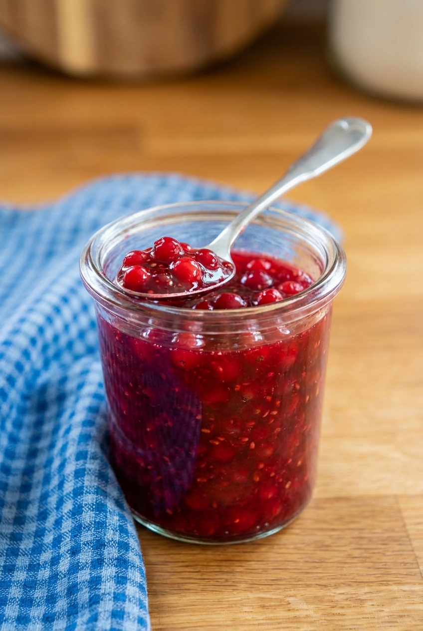 A real photograph of lingonberry jam in a small jar with a spoon
