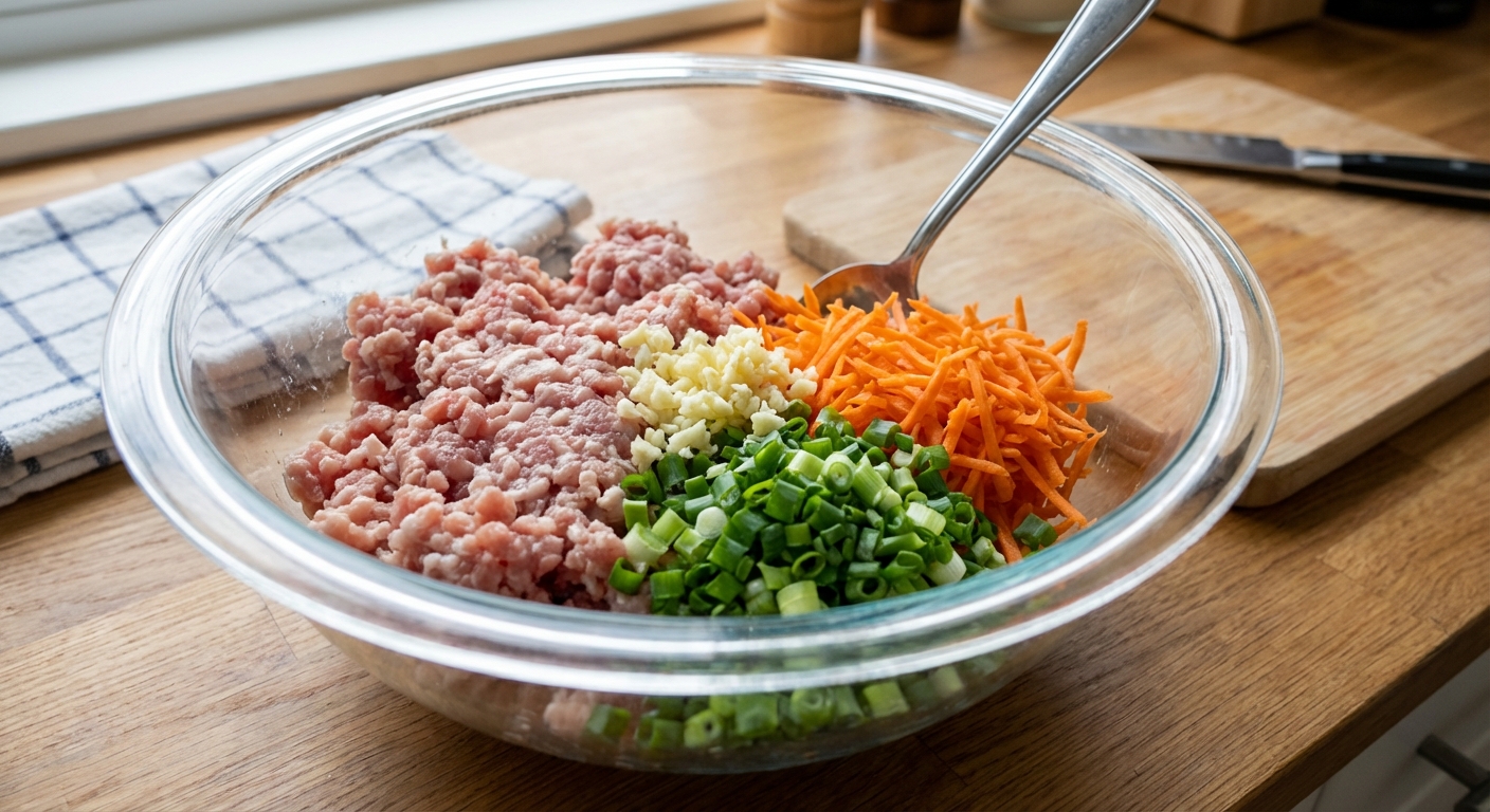 A real photograph of lumpia filling in a mixing bowl with minced pork, shredded carrots, chopped green onions, and garlic ready to be mixed