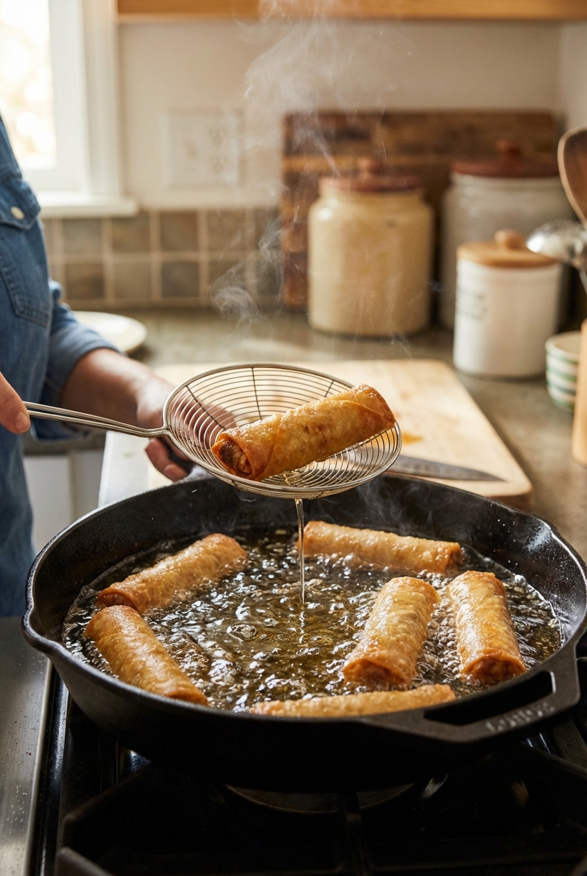 A real photograph of lumpia frying in a deep skillet with bubbling oil, with a metal spider strainer lifting one golden roll