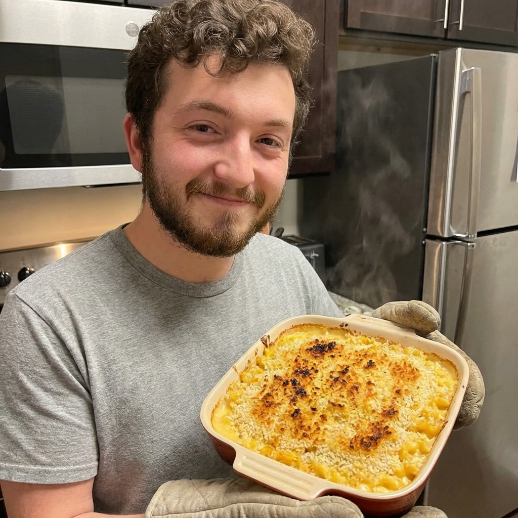 A real photograph of mac and cheese in a baking dish with a golden panko breadcrumb topping fresh from the broiler, with browned crispy spots