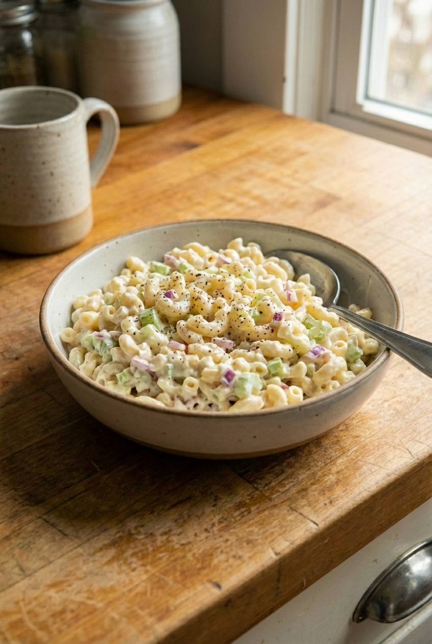 A real photograph of macaroni salad with celery and a creamy dressing in a serving bowl
