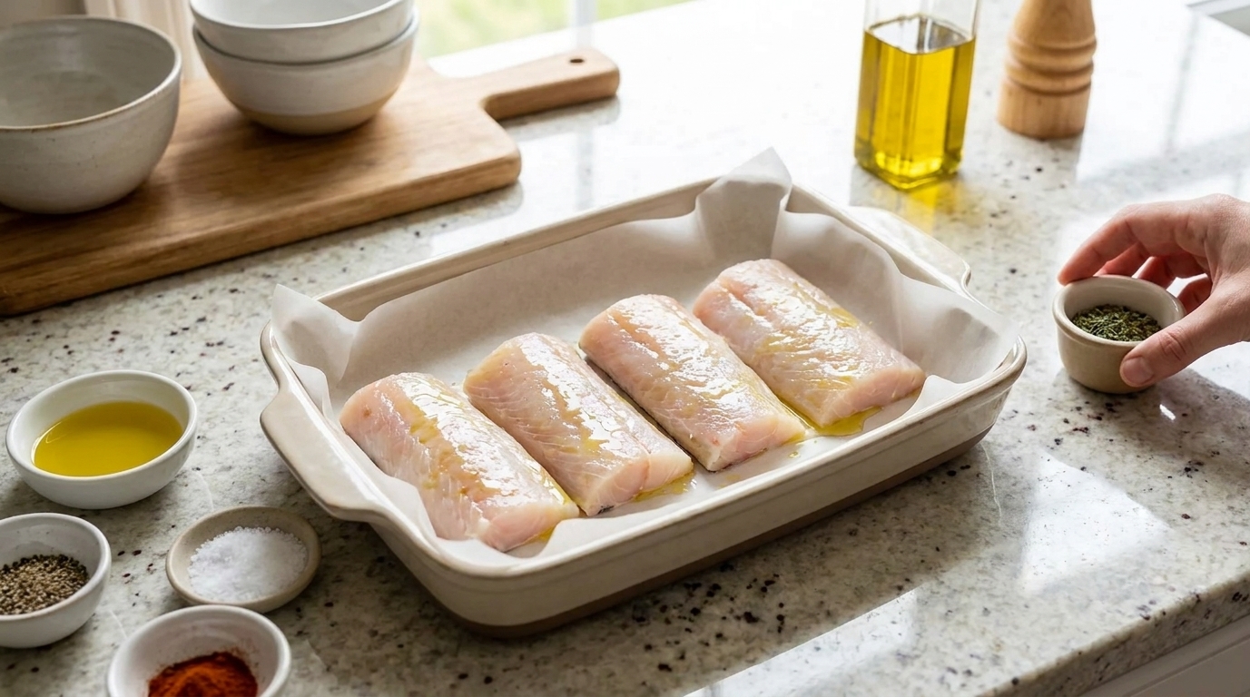 A real photograph of mahi mahi fillets arranged in a parchment-lined baking dish on a light kitchen counter, lightly oiled and ready to be seasoned